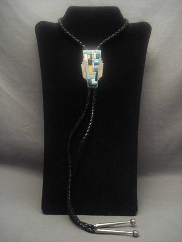 Museum Vintage Navajo Bart Gahate Turquoise Mosaic Inlay Silver Bolo Tie