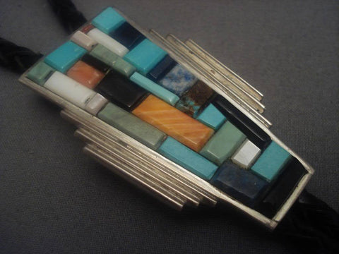 Museum Vintage Navajo Bart Gahate Turquoise Mosaic Inlay Silver Bolo Tie