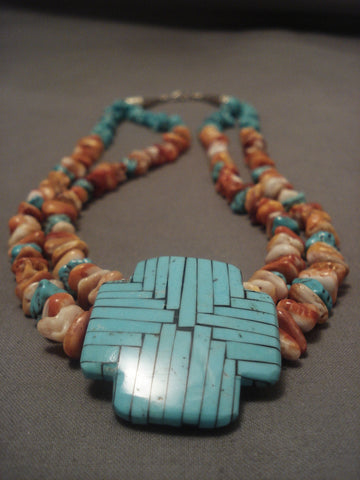 Important Modernistic Santo Domingo turquoise Cross Necklace Vtg