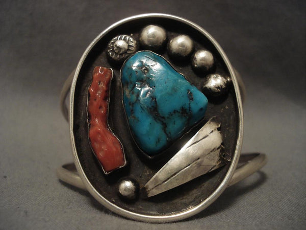 Huge Vintage Zuni Dan Simplicio Turquoise Coral Silver Bracelet