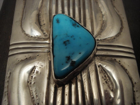Huge Vintage Navajo Repoussed Silver Turquoise Ketoh Bracelet