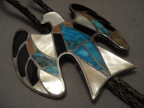 Very Big And Very Old Navajo Eagle Inlay Turquoise Silver Bolo Tie Vtg