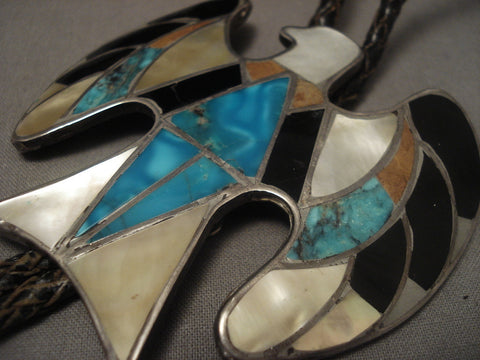 Very Big And Very Old Navajo Eagle Inlay Turquoise Silver Bolo Tie Vtg