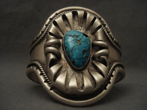 Museum Old Navajo Lone Mountain Turquoise Silver Fork Bracelet