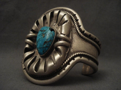 Museum Old Navajo Lone Mountain Turquoise Silver Fork Bracelet