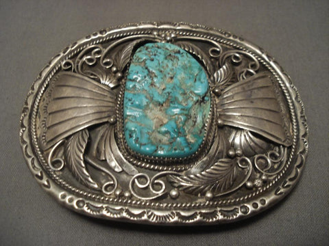 Big Old Vintage Navajo Turquoise Silver Leaf Buckle