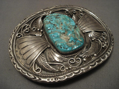 Big Old Vintage Navajo Turquoise Silver Leaf Buckle