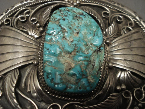 Big Old Vintage Navajo Turquoise Silver Leaf Buckle