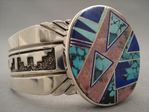 Intense And Extreme Inlay Vintage Navajo Turquoise Silver Bracelet