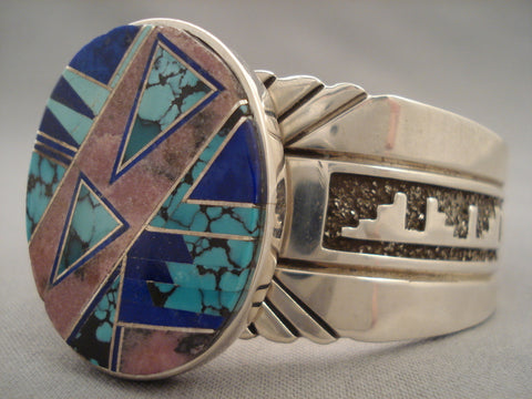 Intense And Extreme Inlay Vintage Navajo Turquoise Silver Bracelet