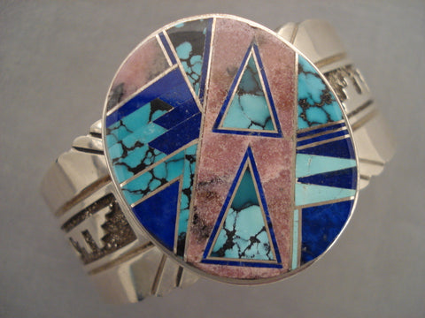 Intense And Extreme Inlay Vintage Navajo Turquoise Silver Bracelet