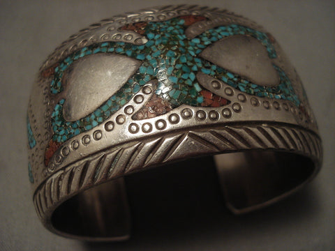 Advaqnced Technique 'Protruding Center' Turquoise Coral Silver Bracelet