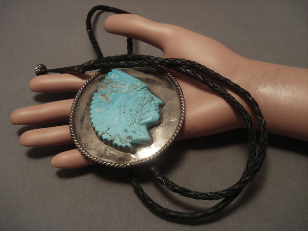 Xxl Xxl Vintage Navajo #8 Turquoise Indian Head Silver Bolo Tie Old