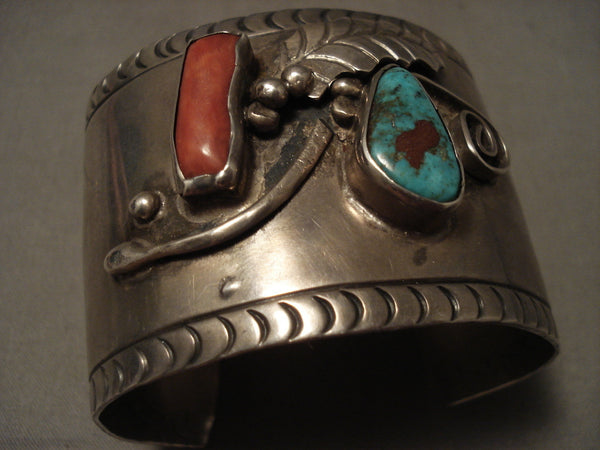 Gigantic Vintage Navajo Turquoise Coral Silver Bracelet