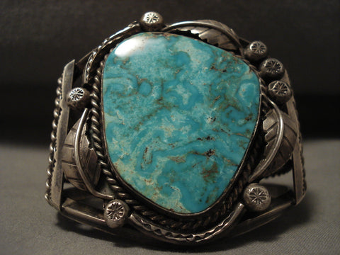 Colossal Vintage Navajo 'Turquoise Boulder' Silver Leaf Bracelet