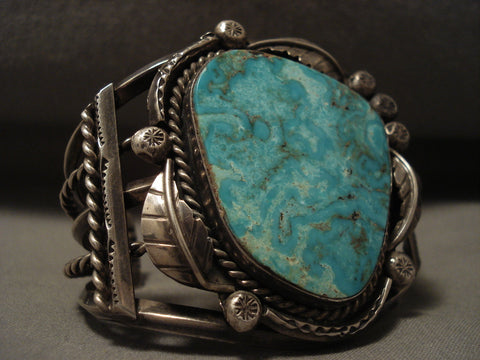 Colossal Vintage Navajo 'Turquoise Boulder' Silver Leaf Bracelet