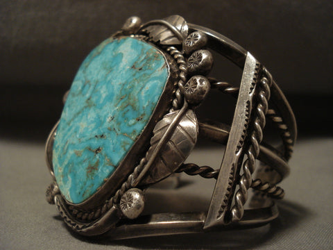 Colossal Vintage Navajo 'Turquoise Boulder' Silver Leaf Bracelet