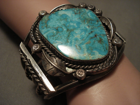 Colossal Vintage Navajo 'Turquoise Boulder' Silver Leaf Bracelet