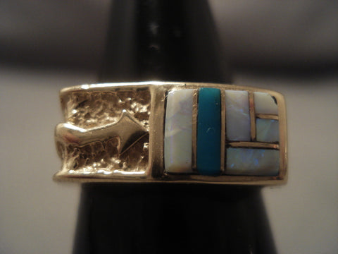 Museum Vintage Navajo Solid 14k Gold Arrow Opal Turquoise Ring Old