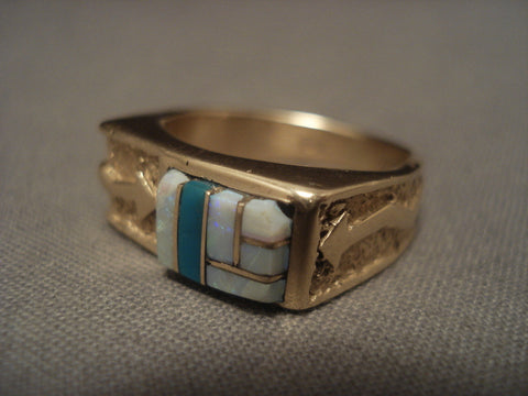 Museum Vintage Navajo Solid 14k Gold Arrow Opal Turquoise Ring Old