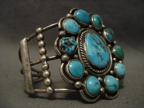 Huge Old Vintage Navajo Satellite Turquoise Silver Bracelet