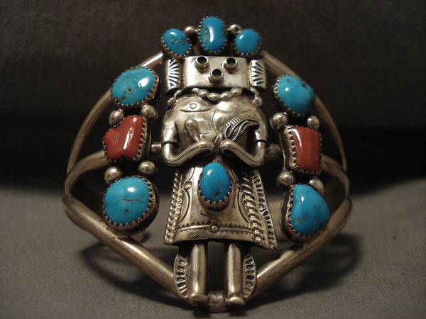 Colossal Vintage Navajo Kachina Turquoise Coral Silver Bracelet