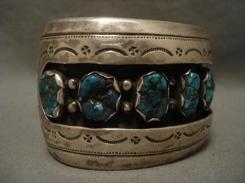 Huge Vintage Navajo Ration Family Turquoise Silver Bracelet