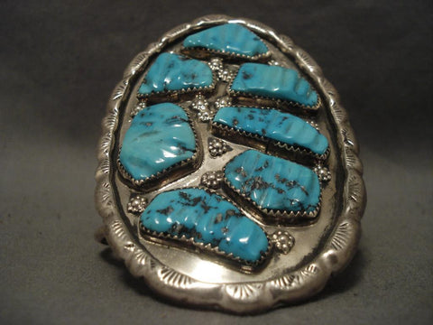 Big Vintage Zuni Turquoise Leaf Silver Bracelet