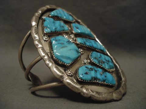 Big Vintage Zuni Turquoise Leaf Silver Bracelet