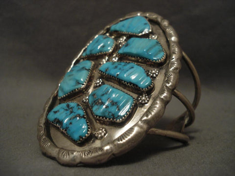 Big Vintage Zuni Turquoise Leaf Silver Bracelet