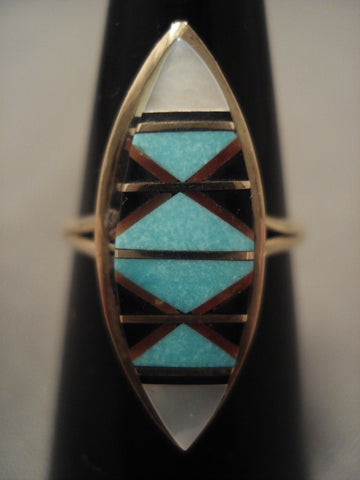 Cute Vintage Zuni Solid 14k Gold Turquoise Ring Old