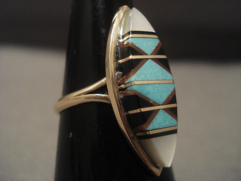 Cute Vintage Zuni Solid 14k Gold Turquoise Ring Old