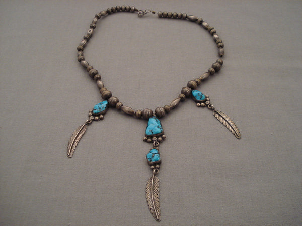 Museum Vintage Navajo 'Dangling Feather' Silver Turquoise Necklace Old