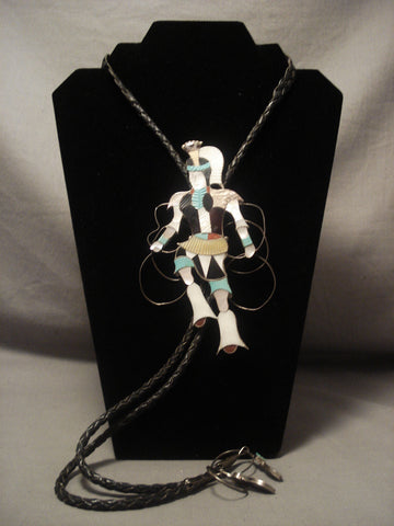 6 Inch Tall Vintage Zuni Kachina Silver Turquoise Bolo Tie Old Vtg