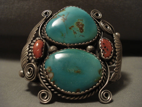 Museum Quality Vintage Navajo Green Turquoise Silver Applique Bracelet Old