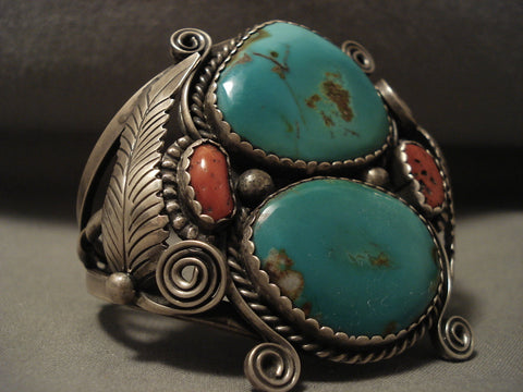 Museum Quality Vintage Navajo Green Turquoise Silver Applique Bracelet Old
