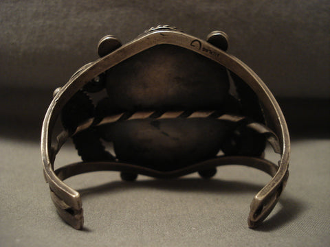 Museum Quality Vintage Navajo Green Turquoise Silver Applique Bracelet Old