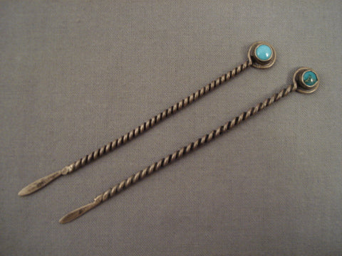 Early 1900's Vintage Navajo Turquoise Silver Hair Pins Old