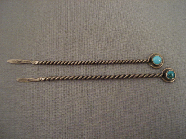 Early 1900's Vintage Navajo Turquoise Silver Hair Pins Old