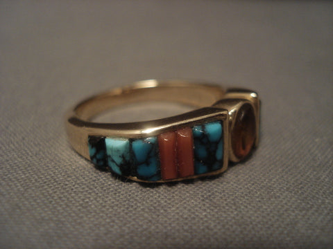 14k Gold Vintage Navajo Lone Mountain Turquoise Gold Ring Old Vtg