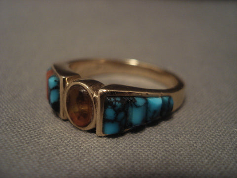 14k Gold Vintage Navajo Lone Mountain Turquoise Gold Ring Old Vtg