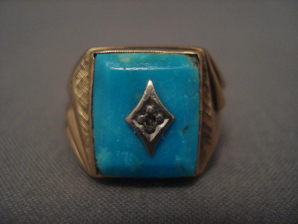 Fine Vintage Navajo Turquoise Diamond Real Gold Ring