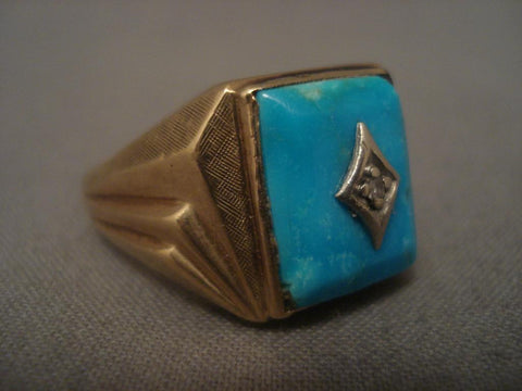 Fine Vintage Navajo Turquoise Diamond Real Gold Ring