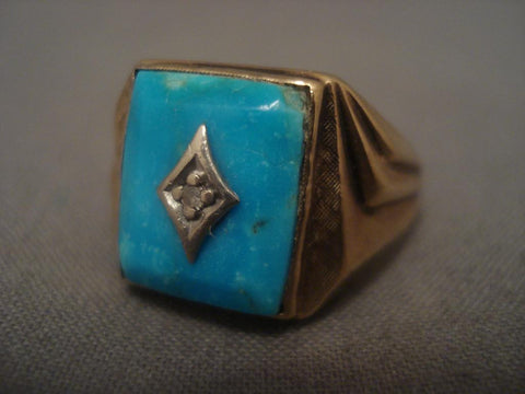 Fine Vintage Navajo Turquoise Diamond Real Gold Ring