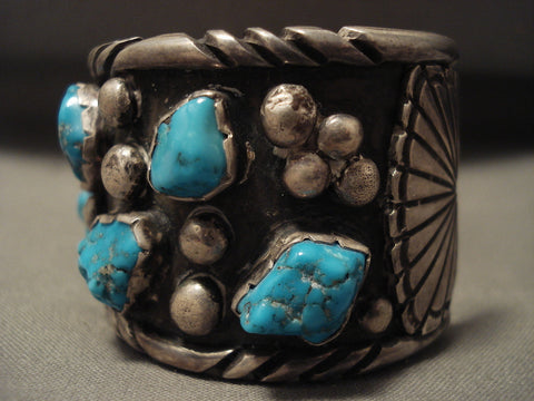 Chunky Dunky Vintage Navajo Old Kingman Turquoise Silver Bracelet