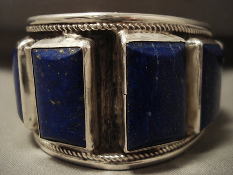 Huge Vintage Navajo 'Squared Lapis' Silver Bracelet
