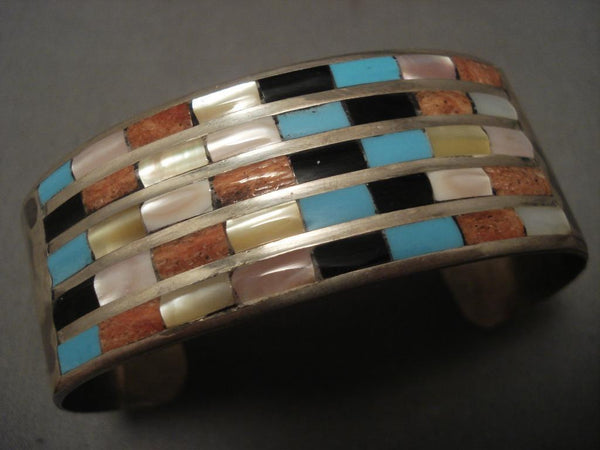 Fab Vintage Zuni checkerboard Inlay Silver Bracelet