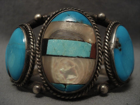 Chunky Vintage Navajo Channel Inlay Turquoise Silver Bracelet