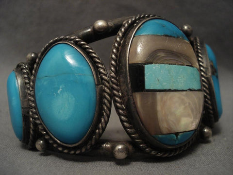 Chunky Vintage Navajo Channel Inlay Turquoise Silver Bracelet