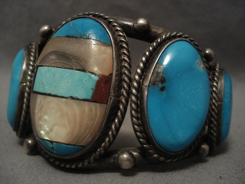 Chunky Vintage Navajo Channel Inlay Turquoise Silver Bracelet